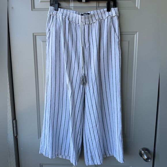 Rewash Women’s Gray Striped Cropped Pants Large Elastic Waist Wide Leg Boho - Picture 3 of 7